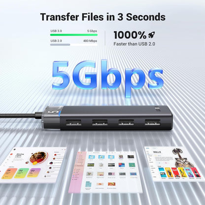 [CLEARANCE] UGREEN 4-Port USB 3.2 Gen 1 Data Transfer Hub with USB C Charging Port, 5Gbps High-Speed Transmission, LED Light & 0.2M USB A Nickel Braided Cable for Keyboard, Game Consoles, Mouse, Printer, HDD w/ Windows, macoS, Linux Systems