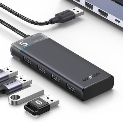 [CLEARANCE] UGREEN 4-Port USB 3.2 Gen 1 Data Transfer Hub with USB C Charging Port, 5Gbps High-Speed Transmission, LED Light & 0.2M USB A Nickel Braided Cable for Keyboard, Game Consoles, Mouse, Printer, HDD w/ Windows, macoS, Linux Systems