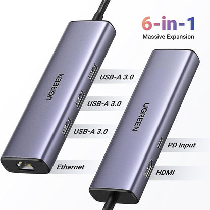 [CLEARANCE] UGREEN Revodok 6-in-1 Multifunctional USB C Hub with 4K UHD HDMI, 100W PD Fast Charger, 2x 480Mbps USB A 2.0, 5Gbps USB A 3.0, 1000Mbps RJ45 Gigabit Ethernet Port for MacBook, iMac, PC, Laptop, etc. - Supports Windows, macOS, Linux | 15495