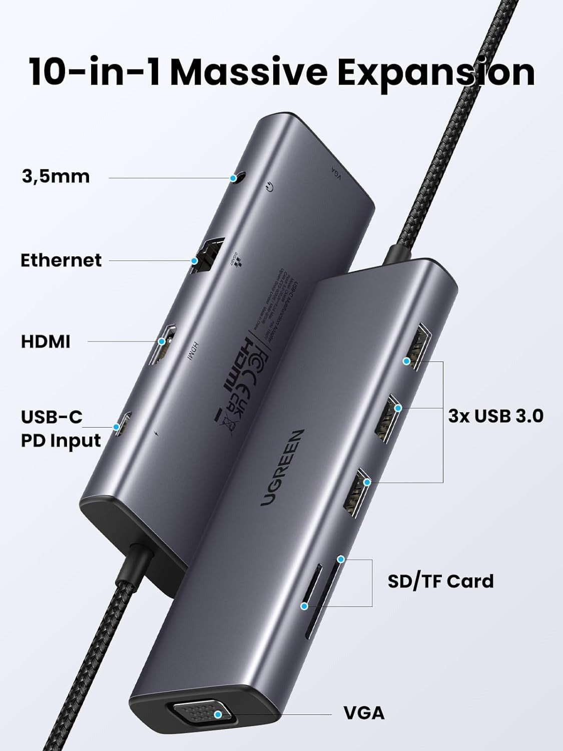 UGREEN Multifunctiol 10-in-1 USB C Hub with 4K HDMI VGA Video Converter, 100W PD Type C Fast Charger, 1000Mbps RJ45 Ethernet, SD TF Memory Card Reader, 5Gbps High-Speed USB 3.0, and 3.5mm Audio Port for Computer Laptop MacBook iMac iPad