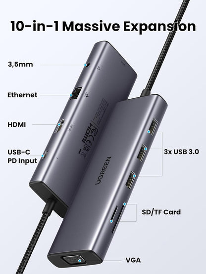 UGREEN Multifunctiol 10-in-1 USB C Hub with 4K HDMI VGA Video Converter, 100W PD Type C Fast Charger, 1000Mbps RJ45 Ethernet, SD TF Memory Card Reader, 5Gbps High-Speed USB 3.0, and 3.5mm Audio Port for Computer Laptop MacBook iMac iPad