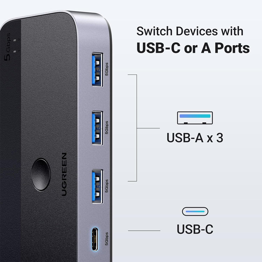 UGREEN 2 In, 4 Out USB 3.0 Peripheral Switch Hub with Cross Device File Sharing Transfer, Support for Keyboard and Mouse Inputs and Other USB-C Devices, and Included Wired Remote Control for Up to 2 PC and Laptop Computers | 15705