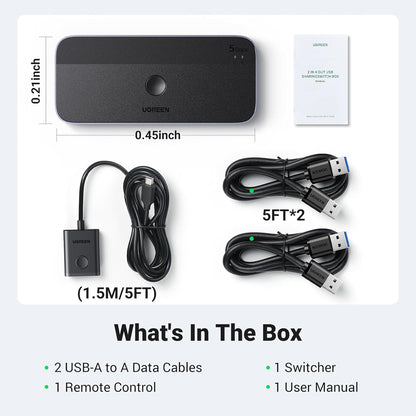 UGREEN 2 In, 4 Out USB 3.0 Peripheral Switch Hub with Cross Device File Sharing Transfer, Support for Keyboard and Mouse Inputs and Other USB-C Devices, and Included Wired Remote Control for Up to 2 PC and Laptop Computers | 15705