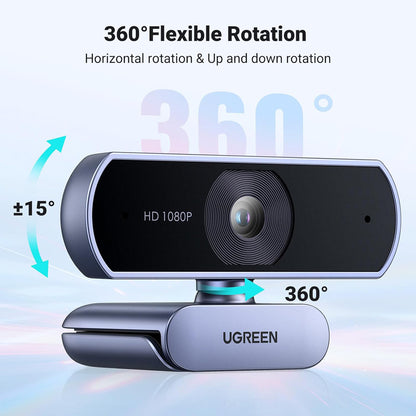 UGREEN 1080p Full HD USB Clip On Webcam Camera with Wide Angle 85 Degree View, Built-In Noise Reduction Microphone and Automatic Light Correction for PC, Laptop, Desktop Computer, Video Conference, Live Streaming and Recording | 15728