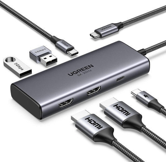 UGREEN 6-in-1 Multifunction Adapter USB C 100W PD 8K/30Hz Hub with 5Gbps High Speed Data Transmission USB C 3.0, Dual HDMI and USB A 3.0 Ports for Smartphone, Laptop, iPad, Switch with Windows/macOS/Linux System | 15852