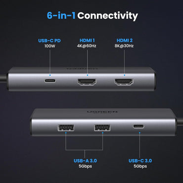 UGREEN 6-in-1 Multifunction Adapter USB C 100W PD 8K/30Hz Hub with 5Gbps High Speed Data Transmission USB C 3.0, Dual HDMI and USB A 3.0 Ports for Smartphone, Laptop, iPad, Switch with Windows/macOS/Linux System | 15852