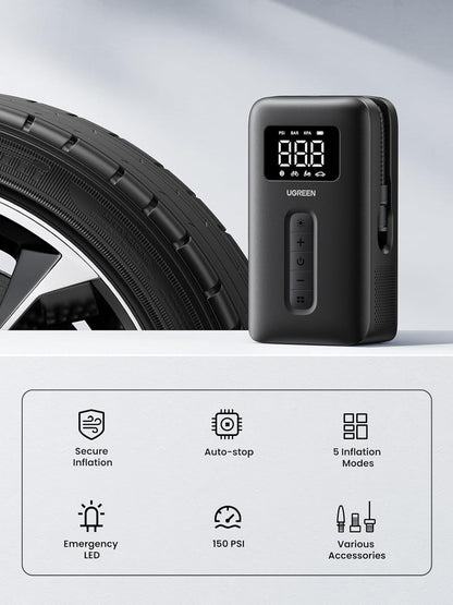 UGREEN 150PSI Portable Electric Air Pump Compressor with Rechargeable Battery & LED Display Guage for Tire, Car, Motorcycle, Bicycle, Inflatable Pool, & Sports Ball
