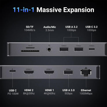 UGREEN Revodok Pro 211 11-in-1 USB Type C Docking Station Hub with Dual 4K 60Hz / 8K 30Hz HDMI Ports, 100W PD with Pass Through, 10Gbps Ethernet, 3.5mm Audio, and SD/TF Memory Card Reader for PC, Laptop Computer, Tablet, Phone | 15965