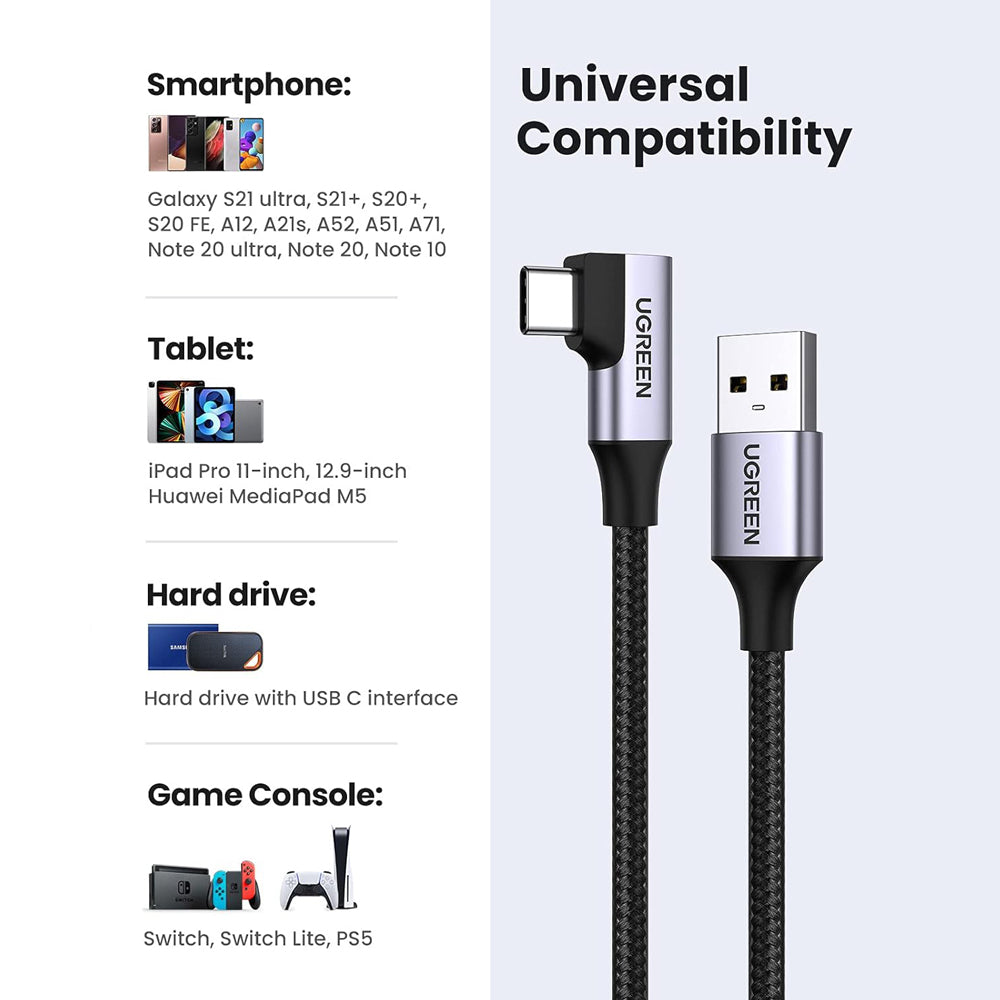 UGREEN 3A USB-C to USB-C (1m) 90° Angled Fast Charging & Data Sync Type C Charger Cable for Smartphones, Tablets, Cameras & Electronics Devices | US385