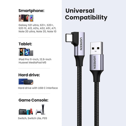 UGREEN 3A USB-A to USB-C (1m) 90° Right Angled Fast Charging & Data Sync Type C Charger Cable for Smartphones, Tablets, Cameras & Electronics Devices | US385