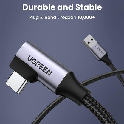 UGREEN 3A USB-A to USB-C (1m) 90° Right Angled Fast Charging & Data Sync Type C Charger Cable for Smartphones, Tablets, Cameras & Electronics Devices | US385