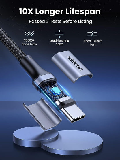 UGREEN 0.5 Meter USB-C to USB-C 2.0 Fast Charging Nylon Braided Cable 100W 5A with 480Mbps Data Transfer Speed - Gray | 20478