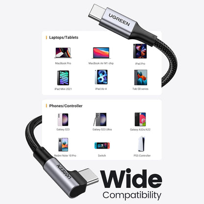 UGREEN PD100W 5A USB-C to USB-C (3m) 90° Angled Fast Charging & Data Sync Type C Charger Cable for iPhone 16/15 Pro Max, MacBook Pro/Air, iPad Pro/Mini, SAMSUNG Galaxy S24 S23 Ultra - Smartphones, Tablets & Laptops | US334