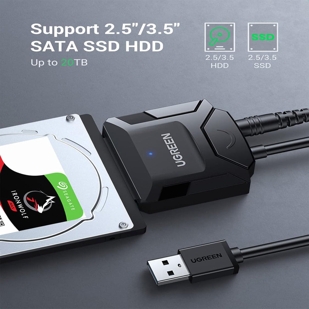 UGREEN 3.5" / 2.5" SATA to USB 3.0 Converter Adapter Cable 12V with 5Gbps Data Transfer Rate, 20TB Max Supported Storage for SSD/HDD Hard Disk Drive to PC, Desktop Computer, Laptop, TV, etc. - Supports Windows, macOS, Linux | 20636