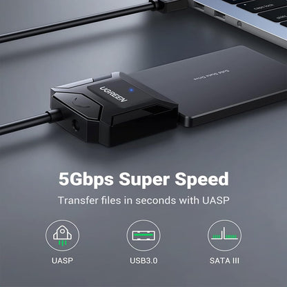 [CLEARANCE] UGREEN 3.5" / 2.5" SATA to USB 3.0 Converter Adapter Cable 12V with 5Gbps Data Transfer Rate, 20TB Max Supported Storage for SSD/HDD Hard Disk Drive to PC, Desktop Computer, Laptop, TV, etc. - Supports Windows, macOS, Linux | 20636