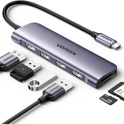 UGREEN 6-in-1 USB C Multifunctional Hub with 3-Port USB 3.0, 4K UHD HDMI Adapter, SD & MicroSD Card Reader, 5Gbps Transmission Rate for MacBook, PC, Laptop, Tablet, Phone, etc. - Supports Windows, macOS, Linux, Chrome OS, Android | 20956A
