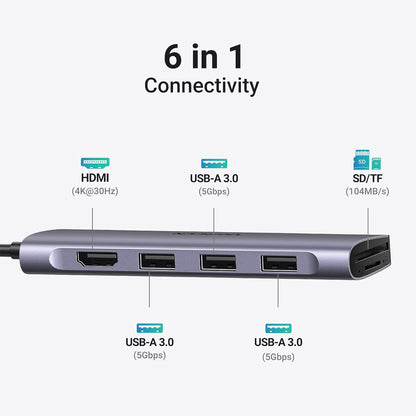 UGREEN 6-in-1 USB C Multifunctional Hub with 3-Port USB 3.0, 4K UHD HDMI Adapter, SD & MicroSD Card Reader, 5Gbps Transmission Rate for MacBook, PC, Laptop, Tablet, Phone, etc. - Supports Windows, macOS, Linux, Chrome OS, Android | 20956A