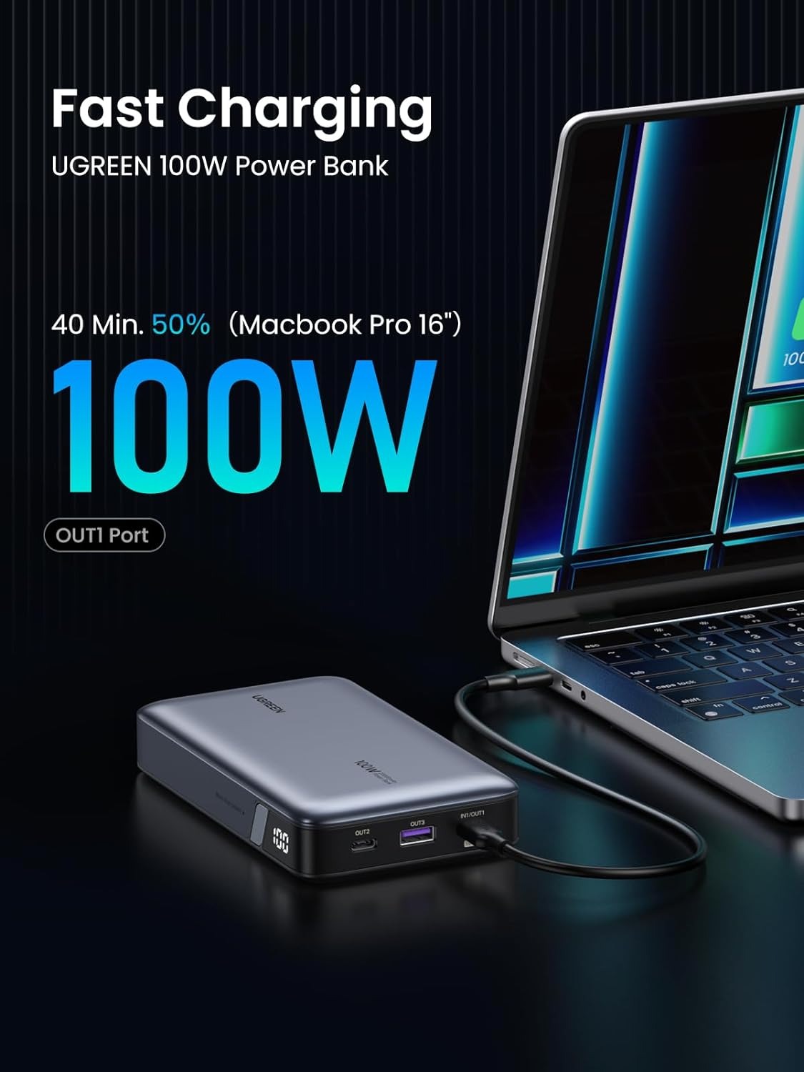 UGREEN 20000mAh PD 100W Fast Charge Power Bank with Two-way USB Type C Charging and Smart LED Display Indicator for iPhone iPad MacBook Samsung Huawei Xiaomi Android Mobile Phone Smartphone Cellphone Tablet Laptop - Chargers and Powerbanks