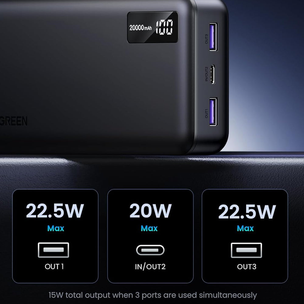 UGREEN PB312 3-Port PD3.0 22.5W Dual USB A / Type-C 20000mAh Powerbank with Smart Digital LCD Display, Adaptive Fast Charging, Multiple Safety Protection for Apple and Android Smartphone