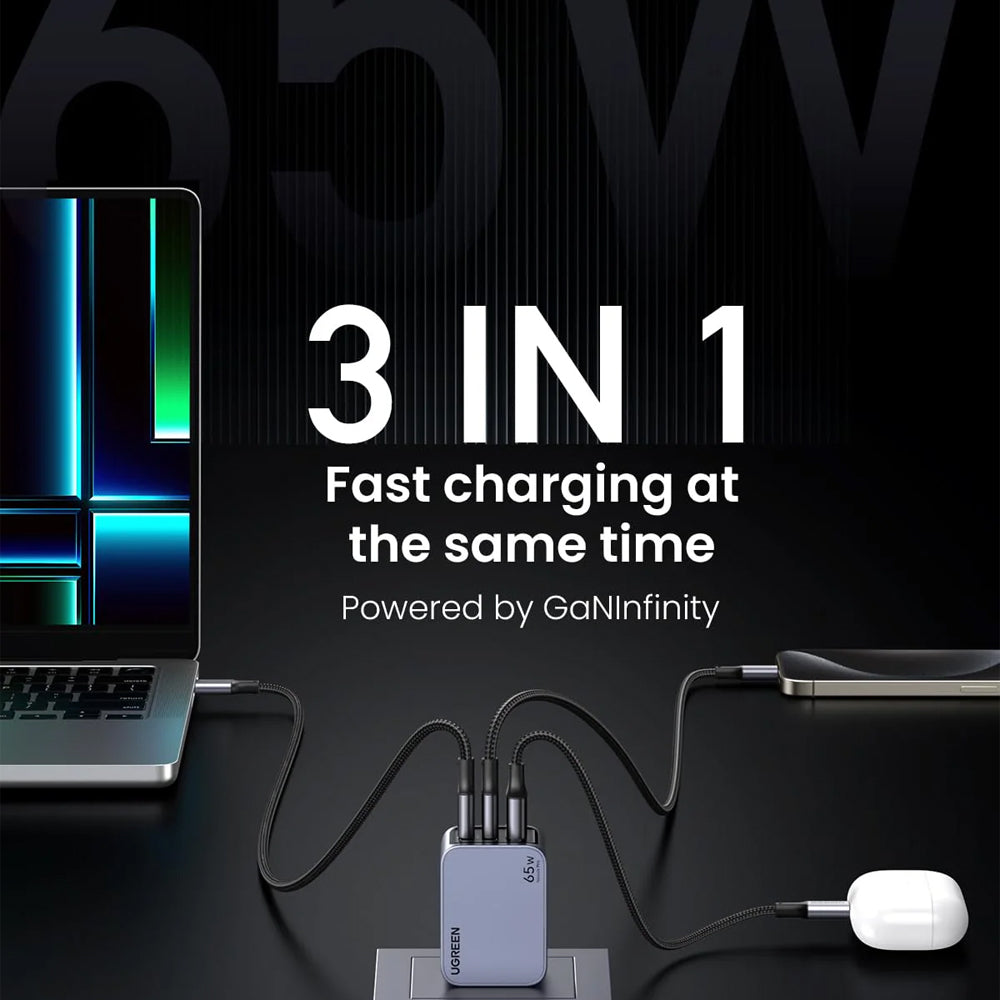 UGREEN Nexode Pro 65W 3-Port GaN Fast Charger with PD 100W USB Type-C Charging Cable for Smartphones, Tablets, Selected Computer Laptops, Earbuds, iPhone 16/15, iPad Pro/Air, MacBook, SAMSUNG Galaxy S24/23/22/21/20 with Temperature Control