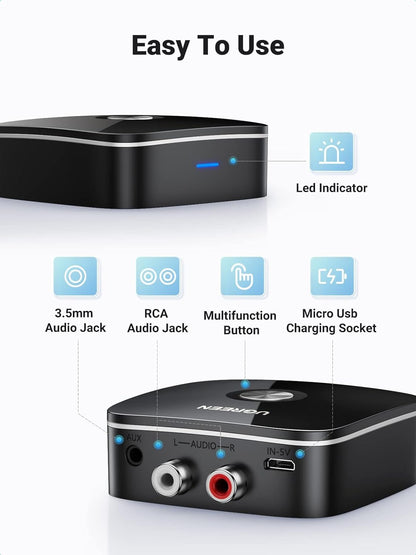 UGREEN Wireless Bluetooth 5.0 RCA Receiver Adapter HiFi with 3.5mm and Female R/L Audio Jack, Micro USB Charging Port, Multi-Function Button, LED Light Indicator, Up to 10M Transmit Distance for Smartphones, Tablet to Speakers, Headphones | 30445