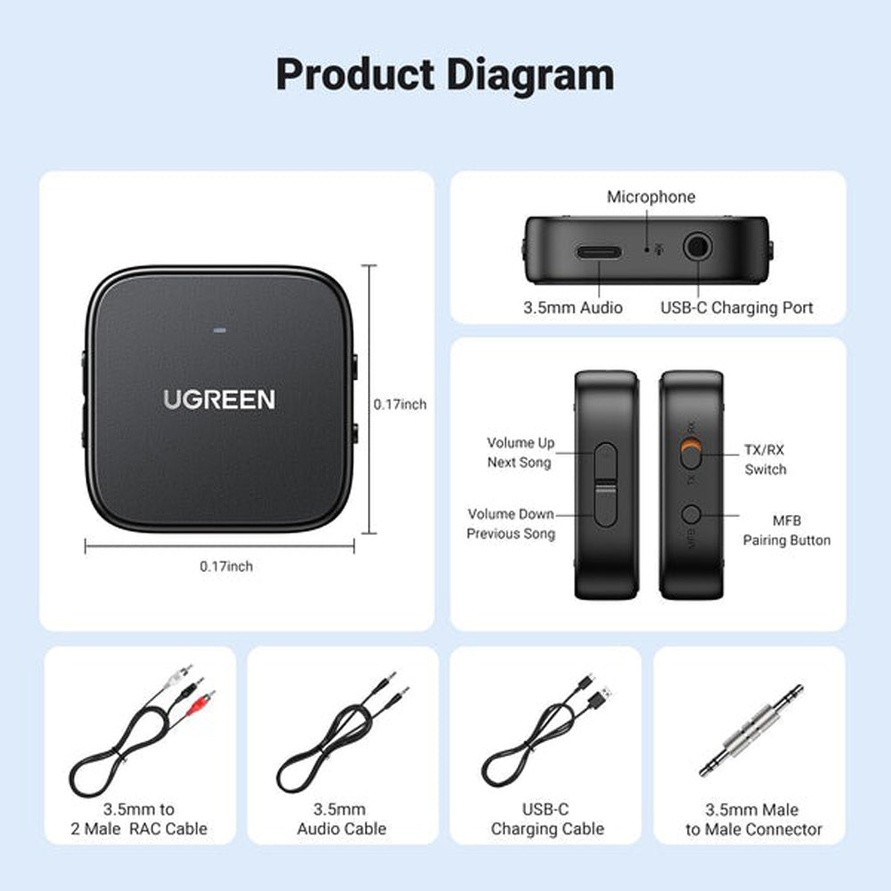 UGREEN Bluetooth 5.2 Audio Receiver & Transmitter with Built-In Microphone & Rechargeable Battery for Car Stereo, Speakers, Sound Bars & Headphones | CM667 35223