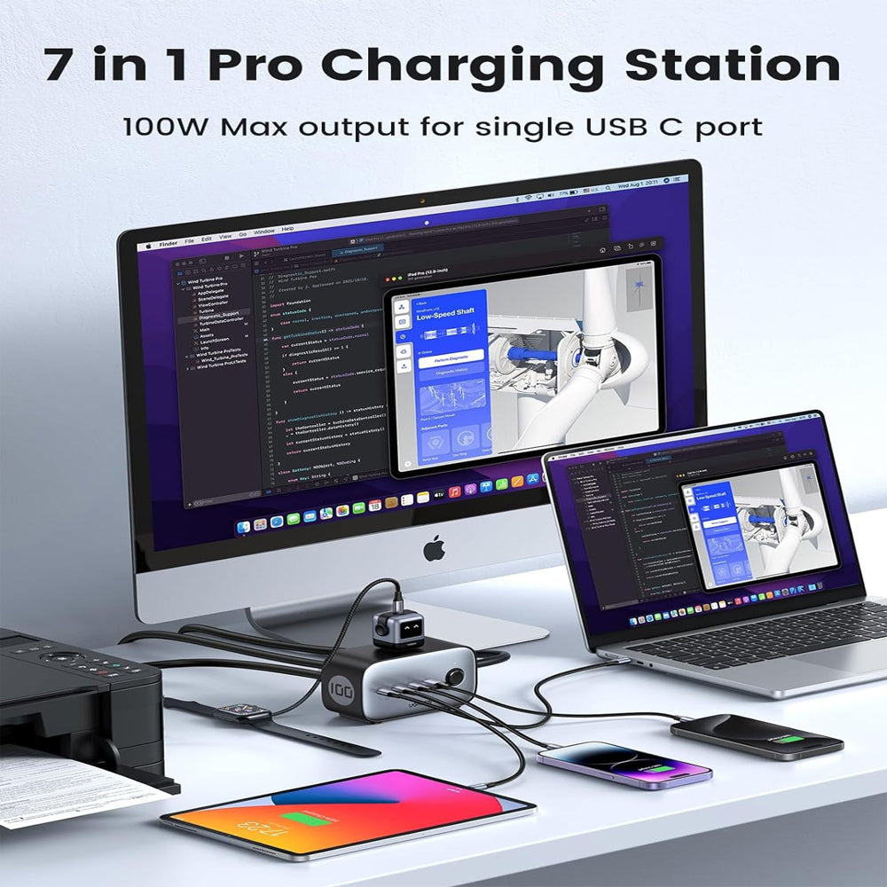 UGREEN DigiNest Pro 100W USB C GaN Charging Station - 7-Port Desktop Charger with 6ft Extension Cord for iPhone Pro Max, iPad, MacBook, Huawei, Samsung Galaxy Plus Ultra, Google Pixel, Smartphone, Tablet, Laptop, etc. | 40896