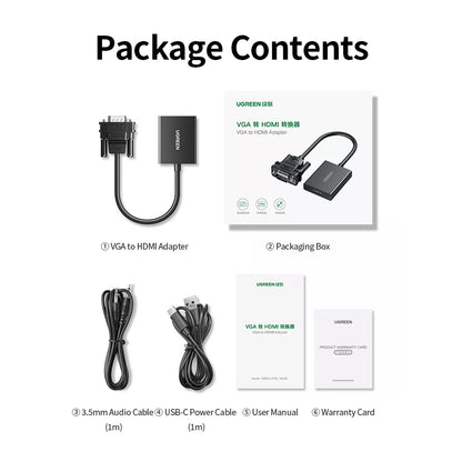 UGREEN 1080p 60fps VGA Male to HDMI Video Converter Adapter Cable with 3.5mm Audio Jack & USB C Power Port for PC, Desktop Computer, Laptop, HD TV, Display Monitor, Projector, etc. - Supports Windows & Linux | 50945
