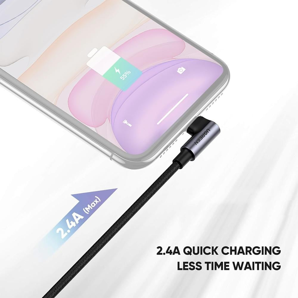 [CLEARANCE] UGREEN 12W 2.4A 1 Meter USB A 2.0 to Angled Lightning Nylon Braided Charging Data Cable Charger with 480Mbps Transfer Rate for iPhone, iPad, iPod | 60521