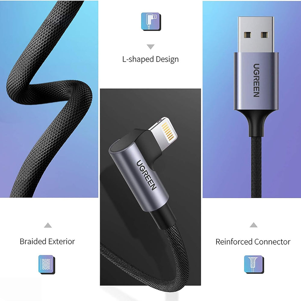 [CLEARANCE] UGREEN 12W 2.4A 1 Meter USB A 2.0 to Angled Lightning Nylon Braided Charging Data Cable Charger with 480Mbps Transfer Rate for iPhone, iPad, iPod | 60521
