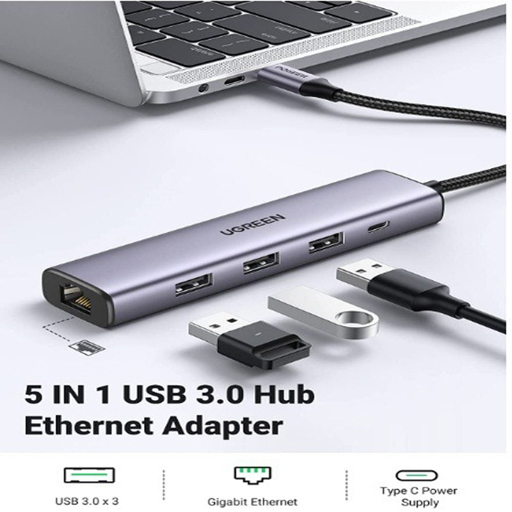 UGREEN USB 3.0 Hub with 1000Mbps RJ45 Gigabit Ethernet Adapter, 5V 2A USB C Charging Port, 5Gbps Transfer Speed for MacBook, PC, Desktop Computer, Laptop, Keyboard, Mouse, Card Reader, etc. | 60554