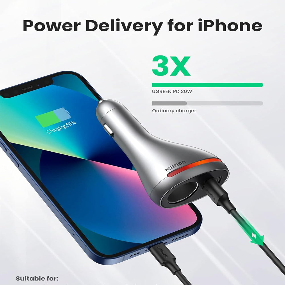 UGREEN 84W 2 Port USB A and Type C PD Fast Charging Universal Car Charger with Single Extension Socket for Powered Car Accessories, Electronics, Gadgets, Mobile Phone and Tablet Charging | 60712