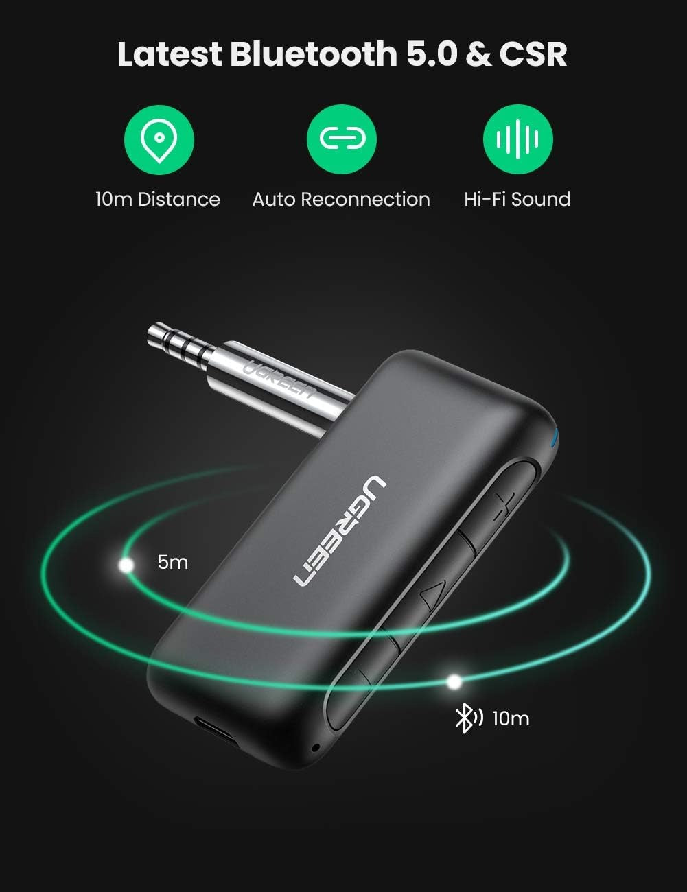 UGREEN Bluetooth 5.0 Audio Receiver with 3.5mm TRRS AUX Jack Adapter, Built-In Microphone for Hands-free Calling and Rechargeable Battery with Up to 9hrs Operating Time for Car Stereo Speaker Headphone