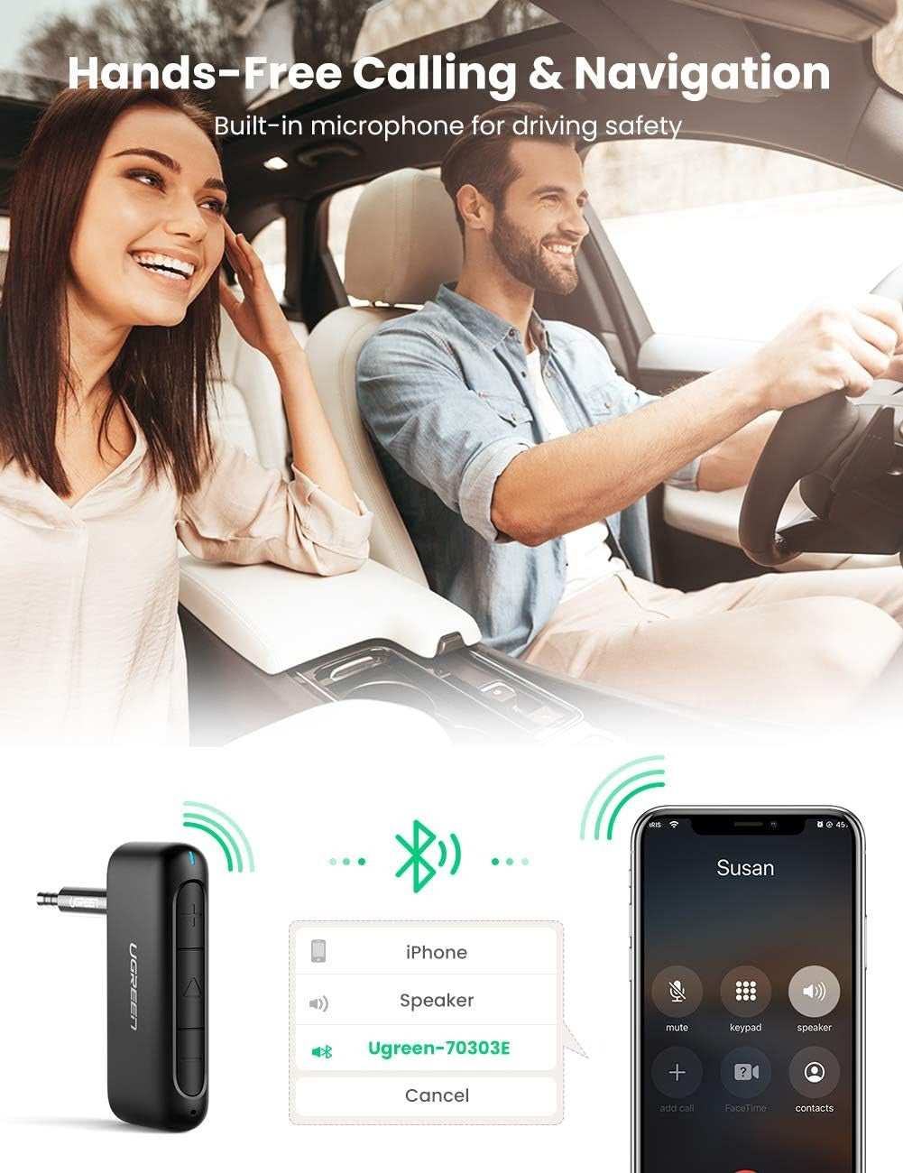 UGREEN Bluetooth 5.0 Audio Receiver with 3.5mm TRRS AUX Jack Adapter, Built-In Microphone for Hands-free Calling and Rechargeable Battery with Up to 9hrs Operating Time for Car Stereo Speaker Headphone