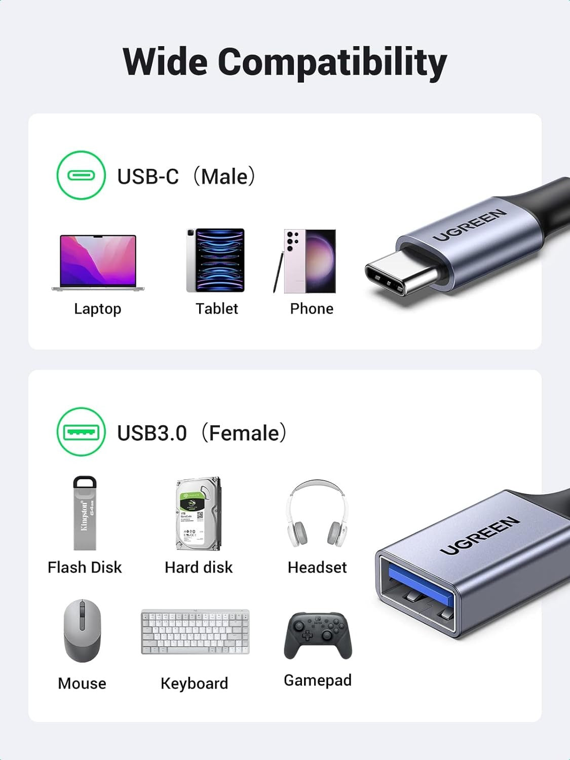 UGREEN USB 3.0 to USB C OTG Adapter with 5Gbps Transmission Rate for MacBook, iMac, Laptop, Mobile Phone, PC, Desktop Computer, etc. - Supports Windows, MacOS, Linux, Chrome OS, Android, iOS | 70889