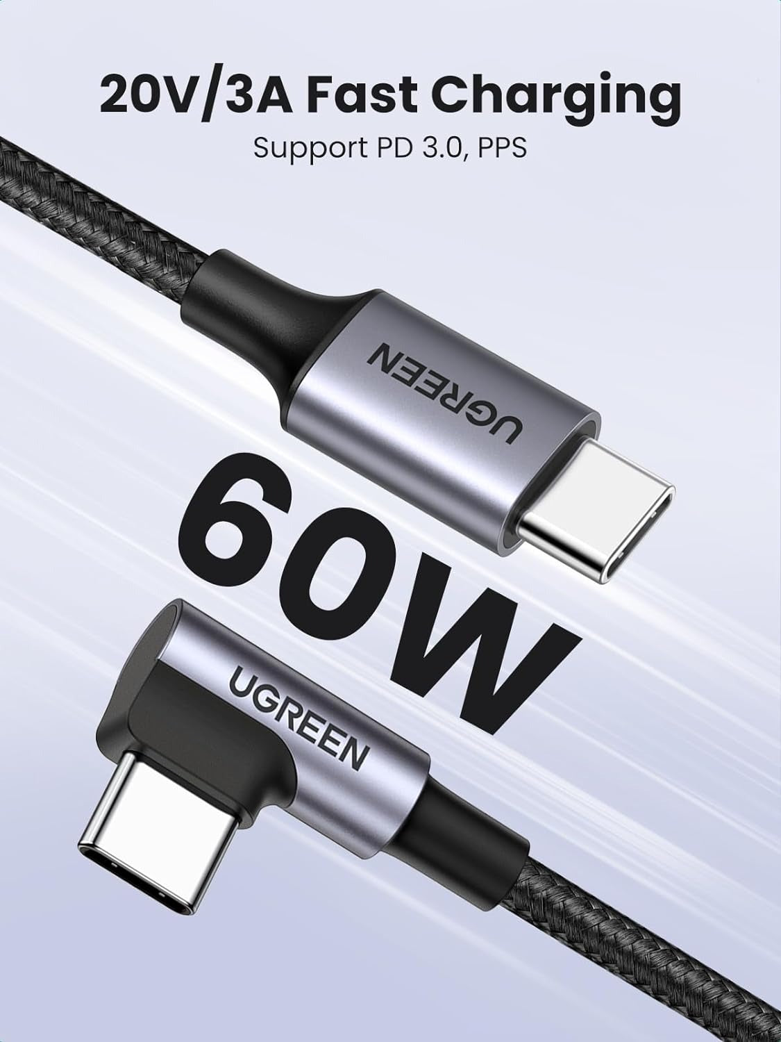 UGREEN 3 Meters USB-C 2.0 to USB-C Right Angle Fast Charging Nylon Braided Cable 60W PD 20V/3A with 480Mbps Data Transfer | 80714