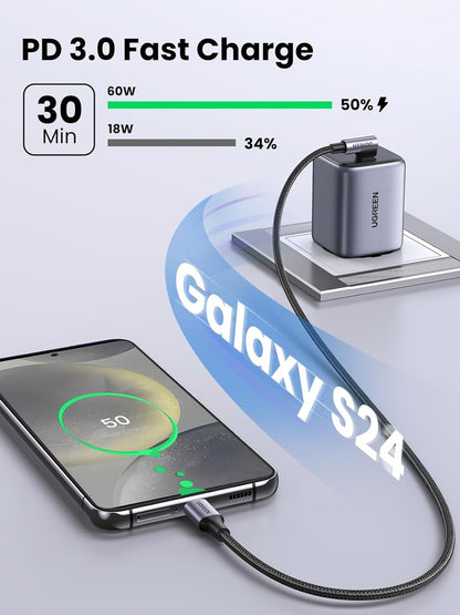 [CLEARANCE] UGREEN 3 Meters USB-C 2.0 to USB-C Right Angle Fast Charging Nylon Braided Cable 60W PD 20V/3A with 480Mbps Data Transfer | 80714