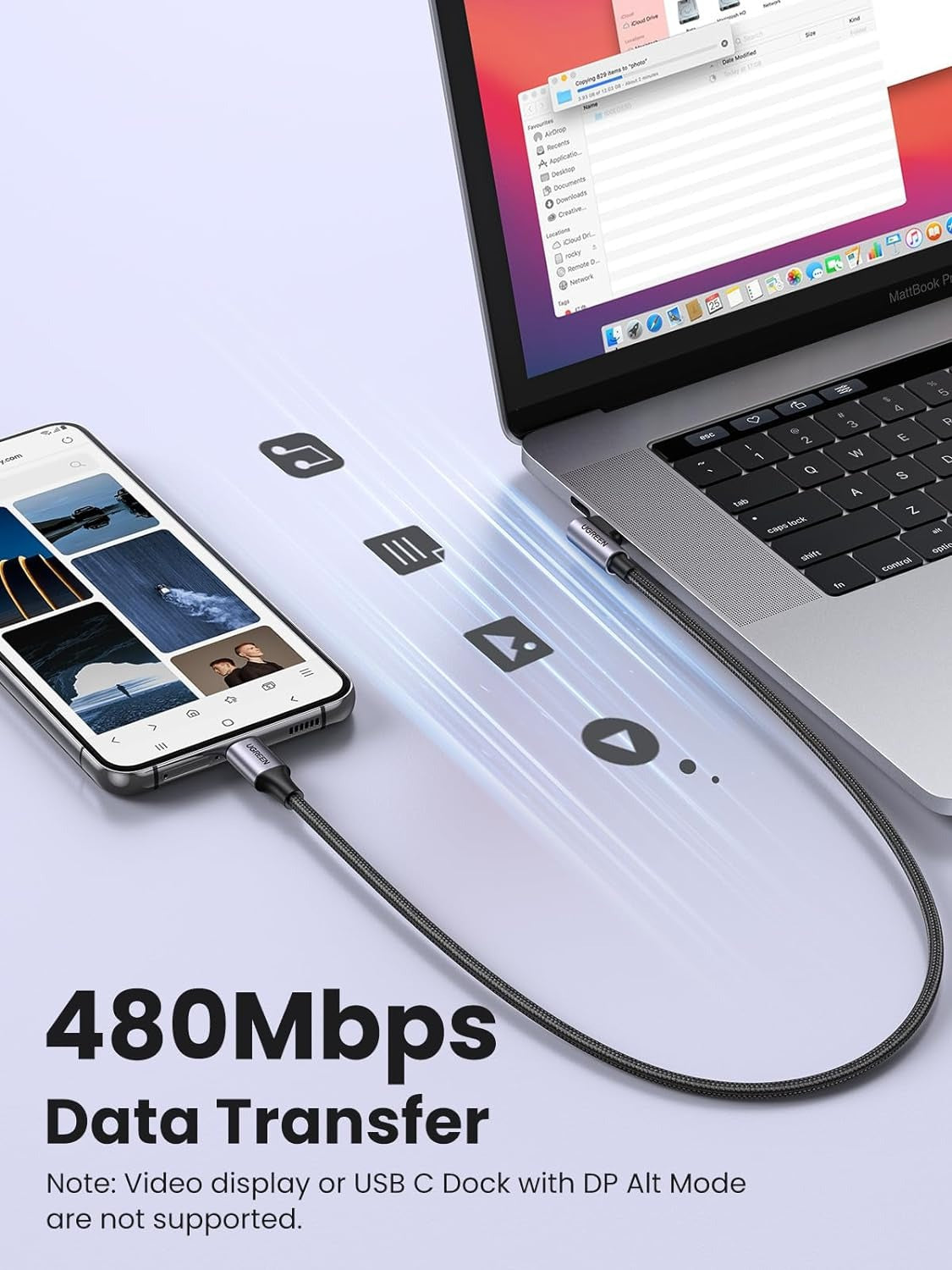 UGREEN 3 Meters USB-C 2.0 to USB-C Right Angle Fast Charging Nylon Braided Cable 60W PD 20V/3A with 480Mbps Data Transfer | 80714
