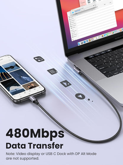 [CLEARANCE] UGREEN 3 Meters USB-C 2.0 to USB-C Right Angle Fast Charging Nylon Braided Cable 60W PD 20V/3A with 480Mbps Data Transfer | 80714