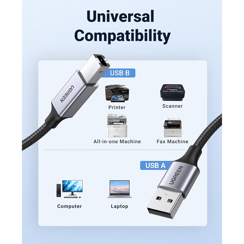 UGREEN USB Type A to USB Type B 2.0 Cable Connector for Scanner, Printer and Fax Machine Wired Cable Connection to PC, Laptop, Desktop Computers (1 Meter / 1.5 Meter / 2 Meters / 3 Meters / 5 Meters) | 80801 80802 80803 80804 90560
