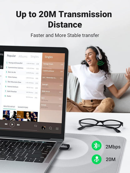 [CLEARANCE] UGREEN USB Bluetooth 5.0 Adapter with 20 Meters Operating Distance, Connect Up to 5 Max Devices and 2400Mhz Frequency Range, LED Indicator for Desktop, Laptop, PC Windows 7/8.1/10/11 | 80890