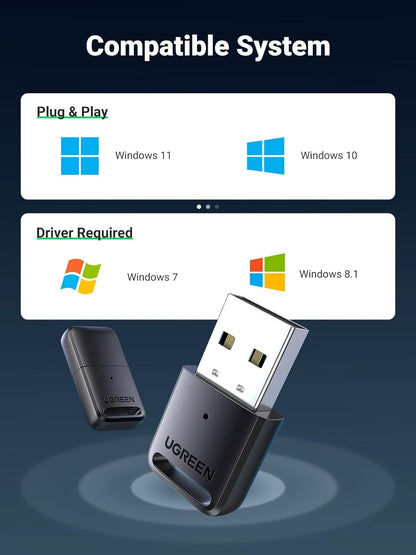 [CLEARANCE] UGREEN USB Bluetooth 5.0 Adapter with 20 Meters Operating Distance, Connect Up to 5 Max Devices and 2400Mhz Frequency Range, LED Indicator for Desktop, Laptop, PC Windows 7/8.1/10/11 | 80890