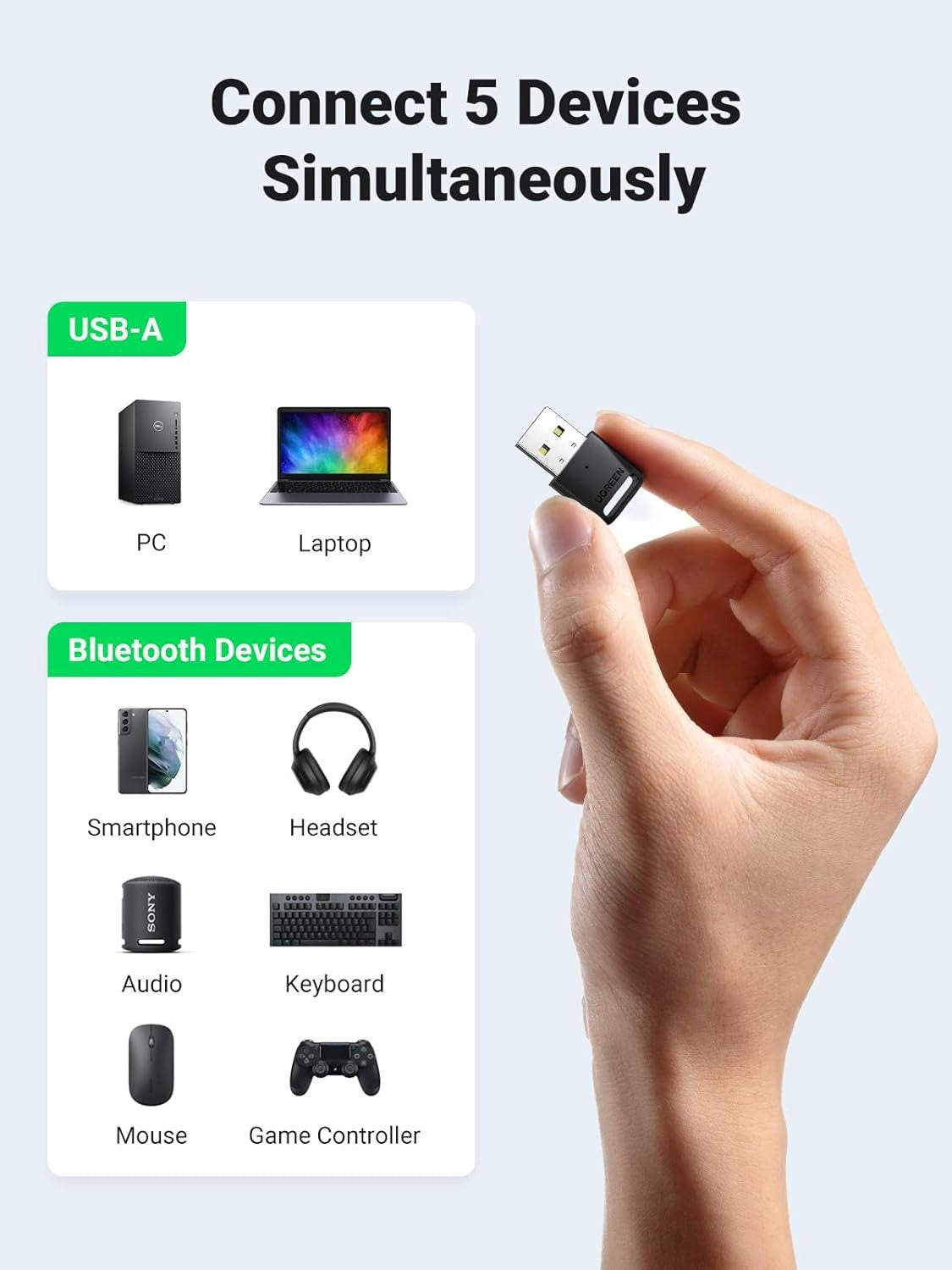 UGREEN USB Bluetooth 5.0 Adapter with 20 Meters Operating Distance, Connect Up to 5 Max Devices and 2400Mhz Frequency Range, LED Indicator for Desktop, Laptop, PC Windows 7/8.1/10/11 | 80890