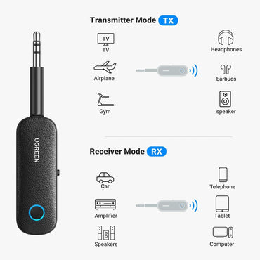 UGREEN 2-in-1 Wireless Bluetooth 5.0 Mini 3.5mm Auxiliary Audio Jack Transmitter & Receiver Adapter with 2400MHz Range, 10M Operating Distance, 5-8 Hours Battery Life for PC, Tablet, Speakers, Projectors, Laptop, Smartphone | 80893