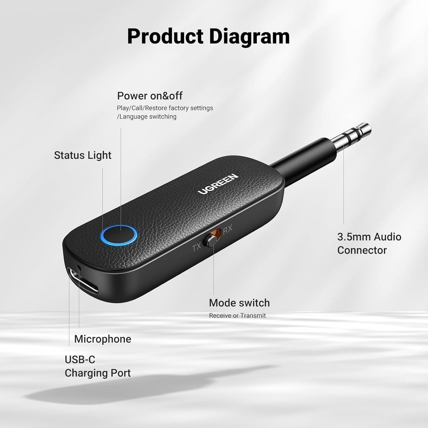 UGREEN 2-in-1 Wireless Bluetooth 5.0 Mini 3.5mm Auxiliary Audio Jack Transmitter & Receiver Adapter with 2400MHz Range, 10M Operating Distance, 5-8 Hours Battery Life for PC, Tablet, Speakers, Projectors, Laptop, Smartphone | 80893