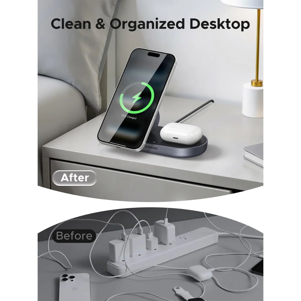 UGREEN ZAPIX 2 in 1 MagSafe 30W Wireless Charger Stand for Magnetic Smartphones and Earbuds