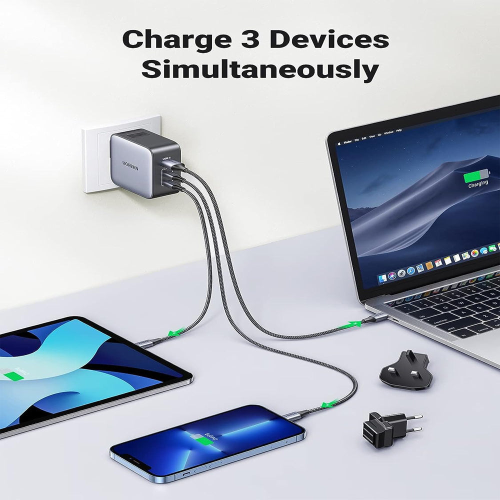 [CLEARANCE] UGREEN Nexode 65W 3-Port USB GaN Charger Fast Charging Travel Adapter with US/UK/EU Plug for iPhone Pro Max, iPad Air Mini Pro, MacBook, Huawei, Samsung Galaxy Plus Ultra, Google Pixel, Android Smartphone, Tablet, Laptop, etc. | 90409