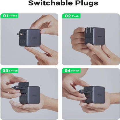 [CLEARANCE] UGREEN Nexode 65W 3-Port USB GaN Charger Fast Charging Travel Adapter with US/UK/EU Plug for iPhone Pro Max, iPad Air Mini Pro, MacBook, Huawei, Samsung Galaxy Plus Ultra, Google Pixel, Android Smartphone, Tablet, Laptop, etc. | 90409