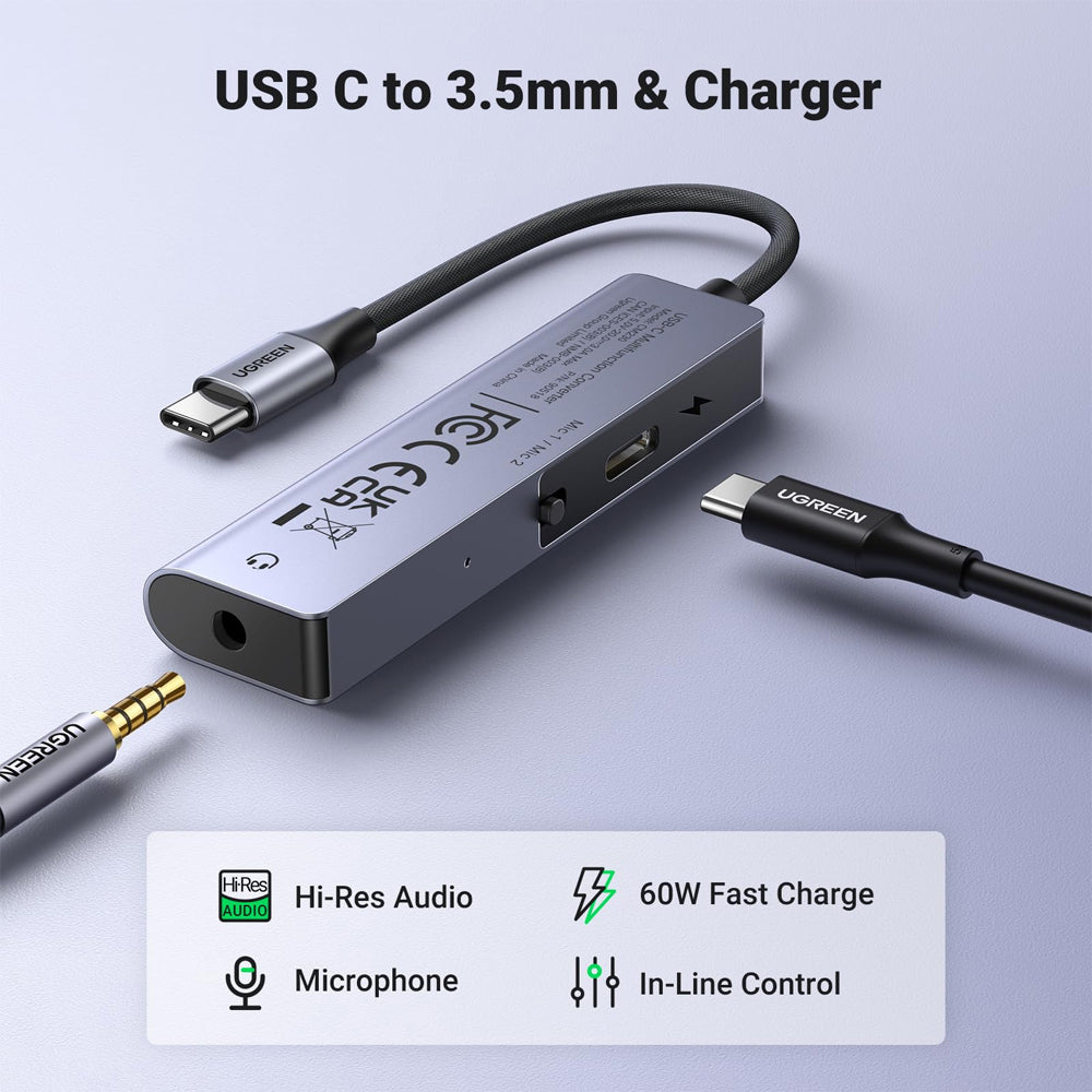 Ugreen Portable USB-C to 3.5mm TRRS AUX Headphone & Microphone Audio Adapter with 60W PD Fast Charger & Hi-Res Audio 32 Bit 384Hz for Smartphone, Tablets, Laptop, PC, Earphone, Headset, Supports Windows, macOS, Linux, Android | 90518