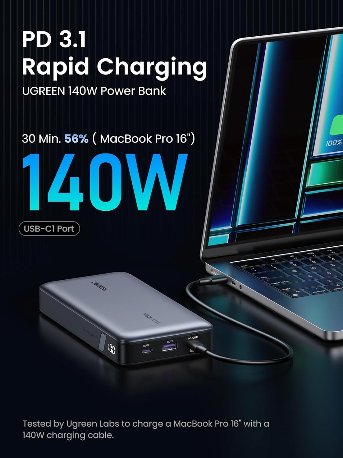 UGREEN 145W 25000mAh 3-in-1 Fast Charging Power Bank with Smart LED Digital Display, 3-Port Output for Smartphone, Laptop, Tablet, MacBook, Dell XPS, iPad, iPhone, Galaxy, Switch, DJI, Steam Deck | 90597A